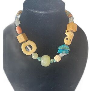 Vtg Bead Necklace, Carved Bovine Turquoise & Stone Fetish, Elephant Bird African